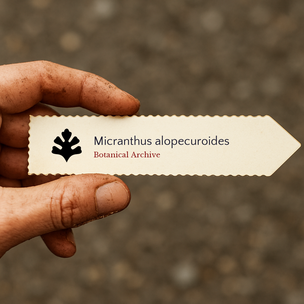 Printed plant label for Micranthus alopecuroides held by dirty hand outdoors