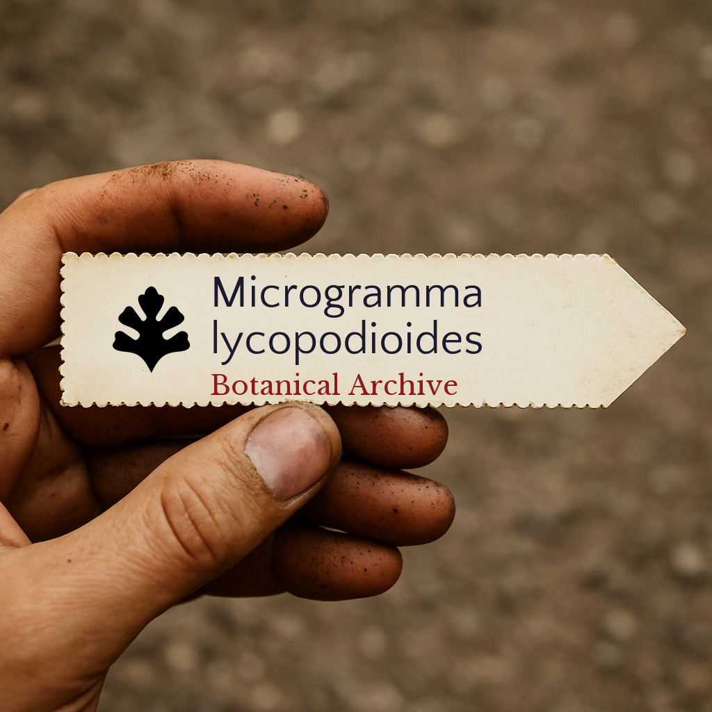 Printed plant label for Microgramma lycopodioides held by dirty hand outdoors