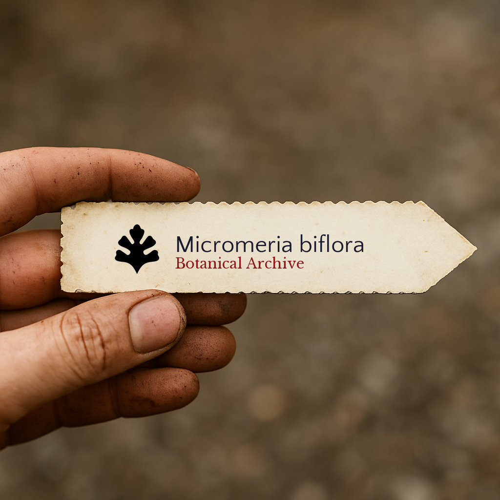 Etichetta per pianta stampata per Micromeria biflora con logo Botanical Archive tenuta a mano