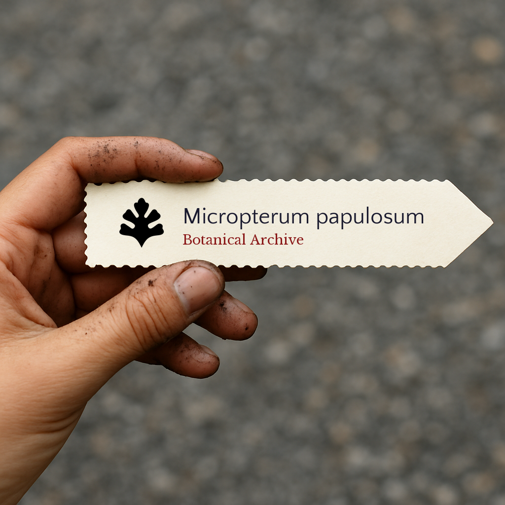 Etichetta stampata per pianta di Micropterum papulosum tenuta da mano sporca all'aperto