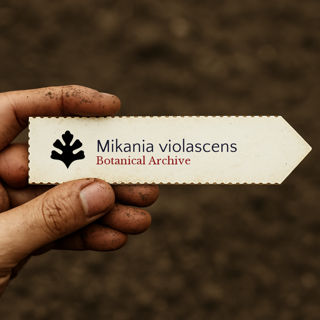 Etichetta stampata per pianta di Mikania violascens tenuta da mano sporca su sfondo di terreno