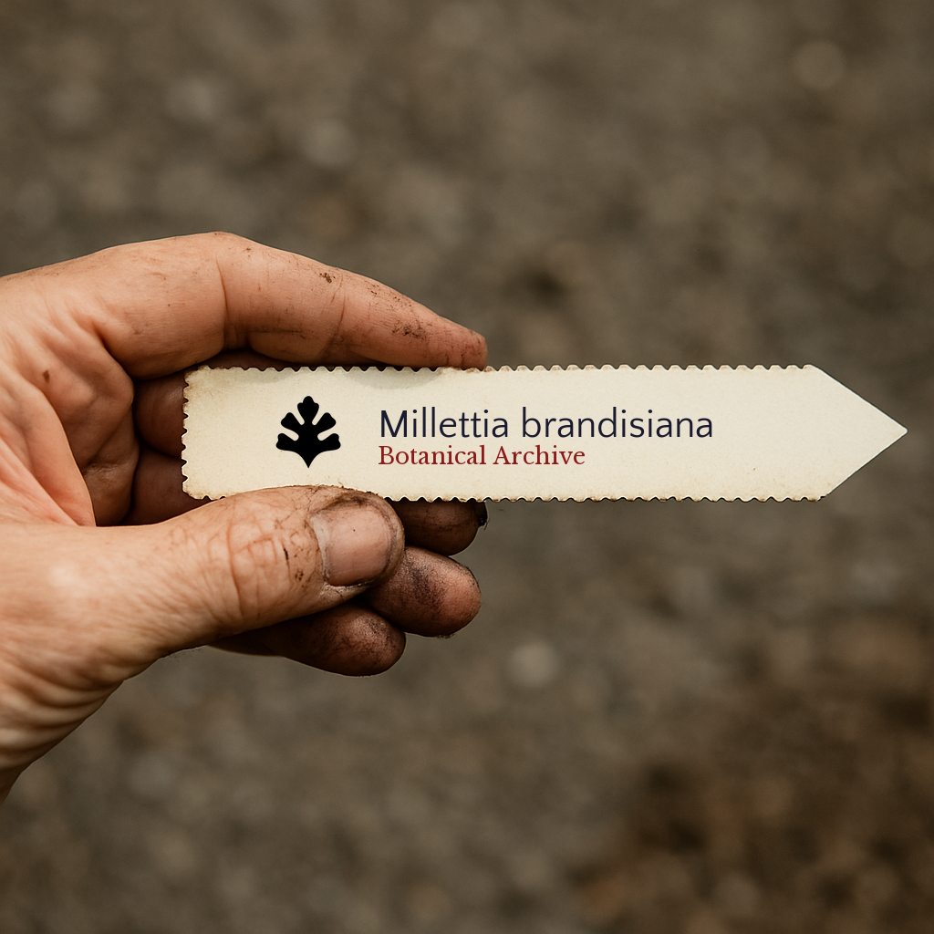 Etichetta per pianta stampata di Millettia brandisiana tenuta a mano con dita macchiate di terra