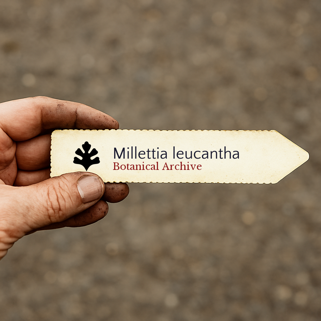 Printed plant label for Millettia leucantha held by hand with soil background