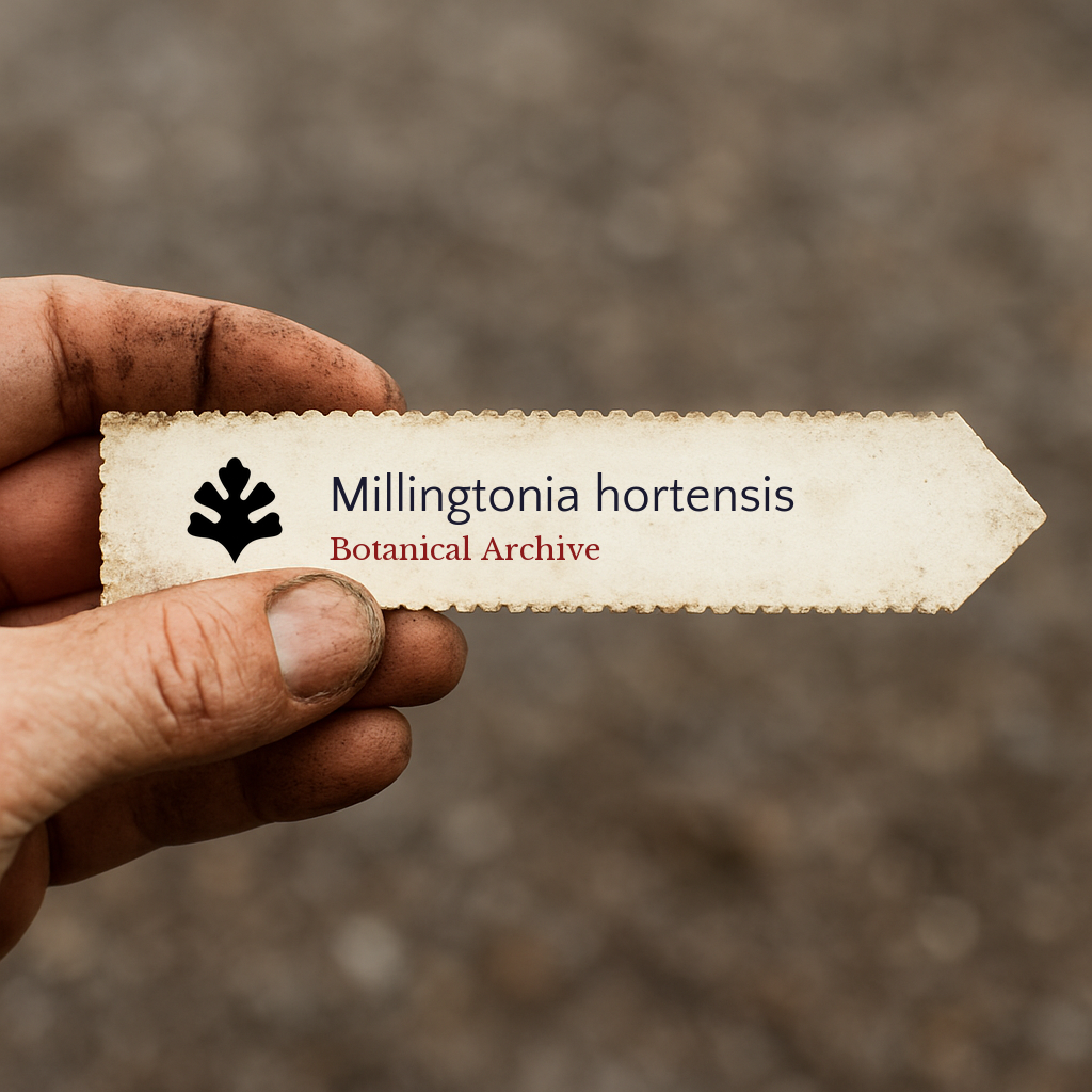 Etichetta per pianta stampata per Millingtonia hortensis con logo Botanical Archive tenuta a mano