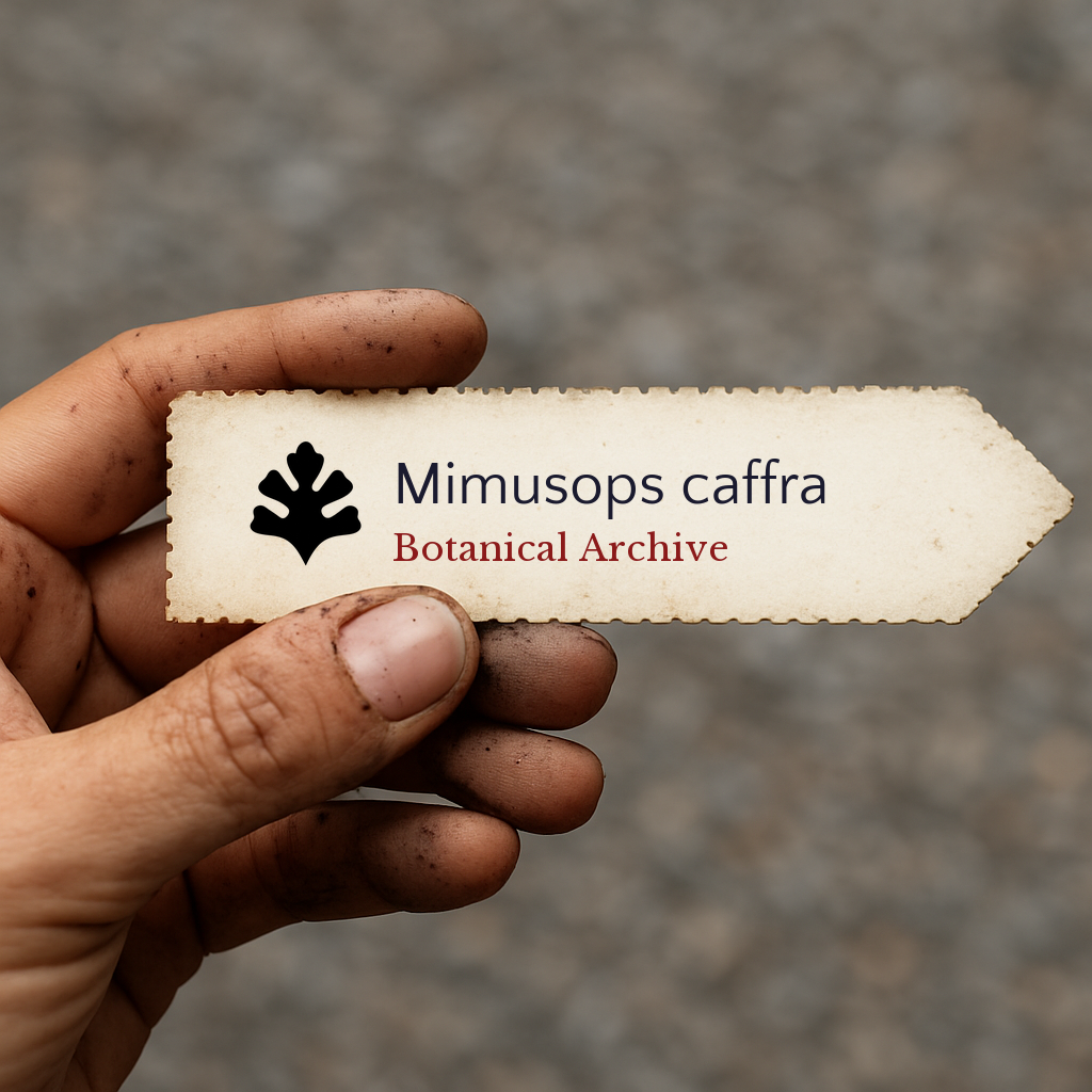 Printed plant label for Mimusops caffra held by hand with dirt on fingers