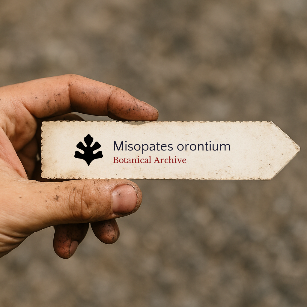 Etichetta stampata per pianta di Misopates orontium tenuta da una mano sporca di terra