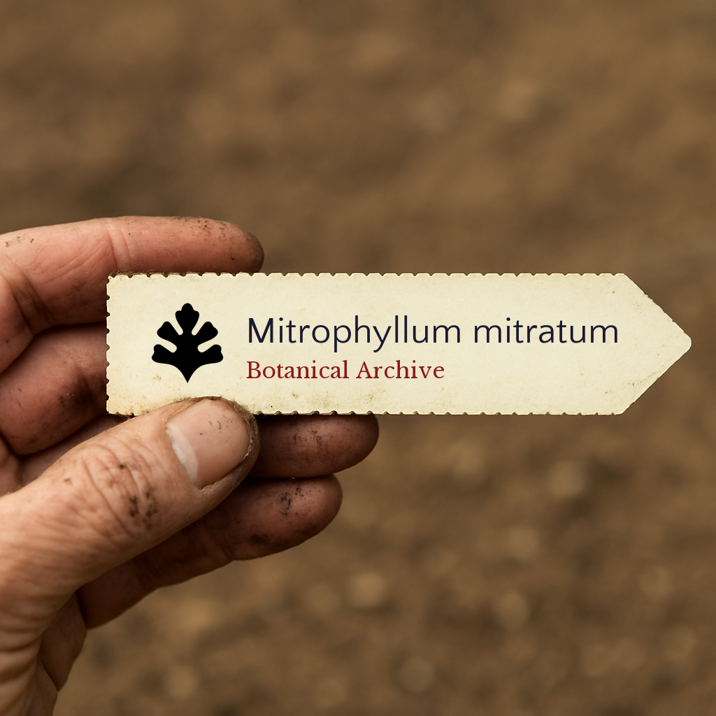 Etichetta per pianta stampata di Mitrophyllum mitratum tenuta a mano con sfondo di terriccio
