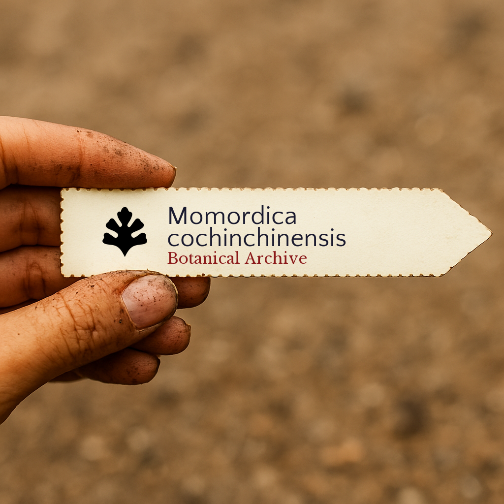 Etichetta per pianta stampata di Momordica cochinchinensis tenuta da mano sporca all'aperto