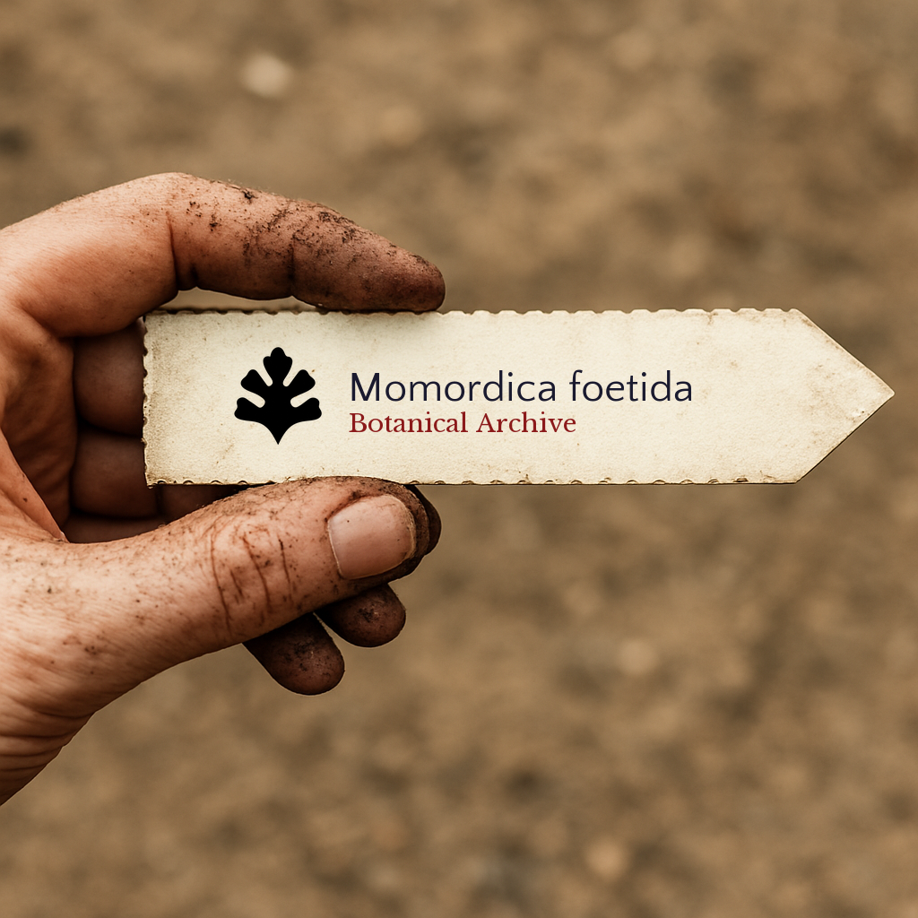 Printed plant label for Momordica foetida held by dirty hand with soil background