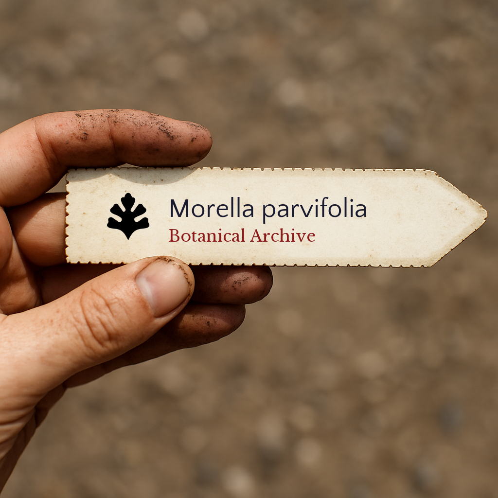 Etichetta stampata per Morella parvifolia tenuta da mano sporca con sfondo di terreno sfocato