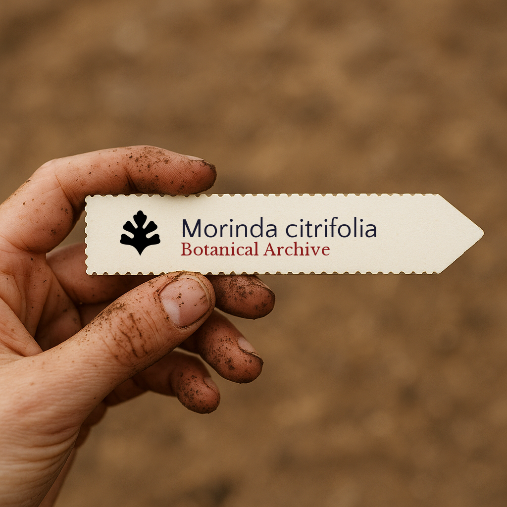 Printed plant label for Morinda citrifolia with botanical archive logo held by dirty hand