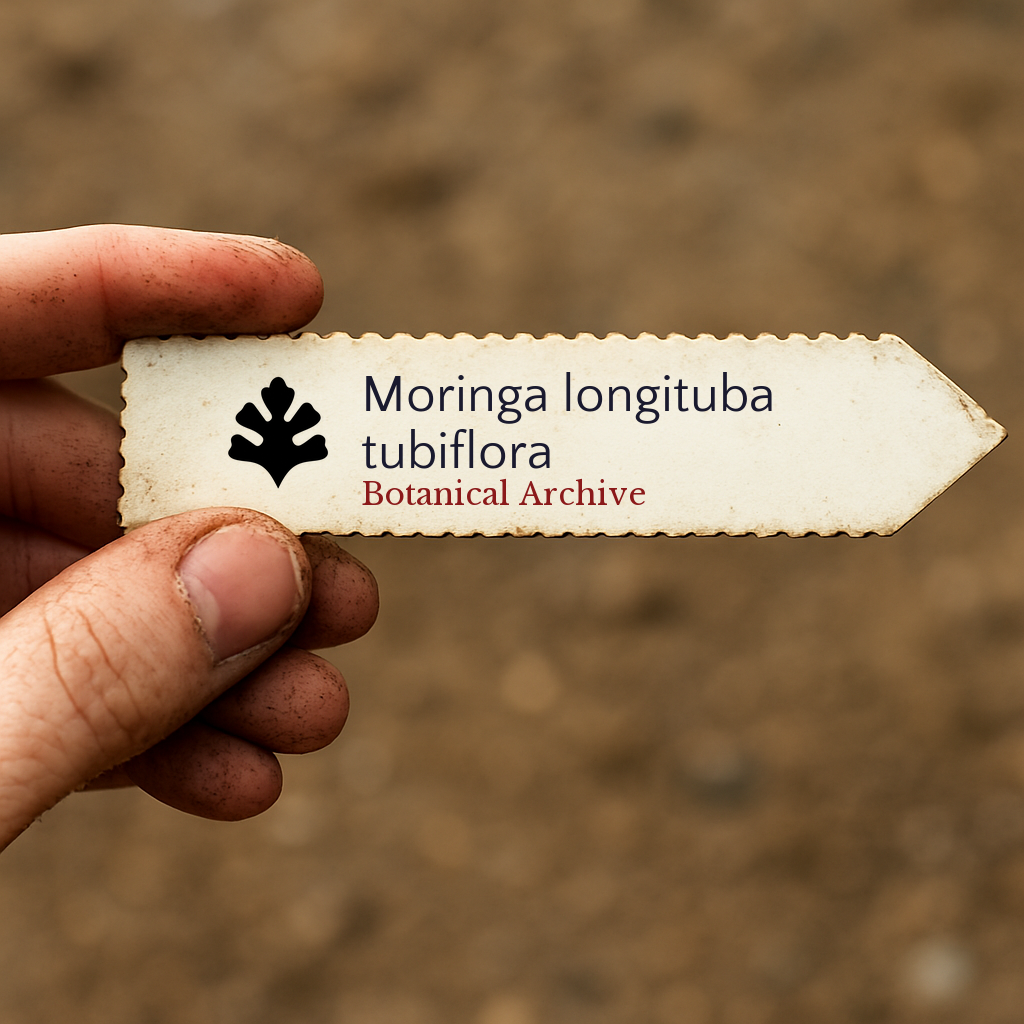Printed plant label for Moringa longituba tubiflora held outdoors with soil background