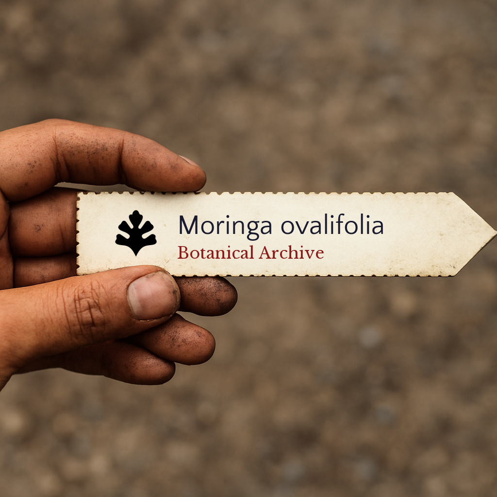 Etichetta per pianta stampata per Moringa ovalifolia tenuta in mano con sfondo di terreno