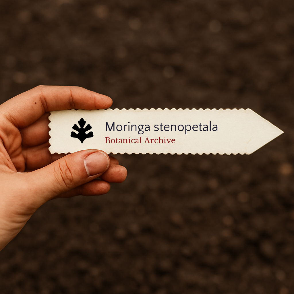 Printed plant label for Moringa stenopetala held over soil background