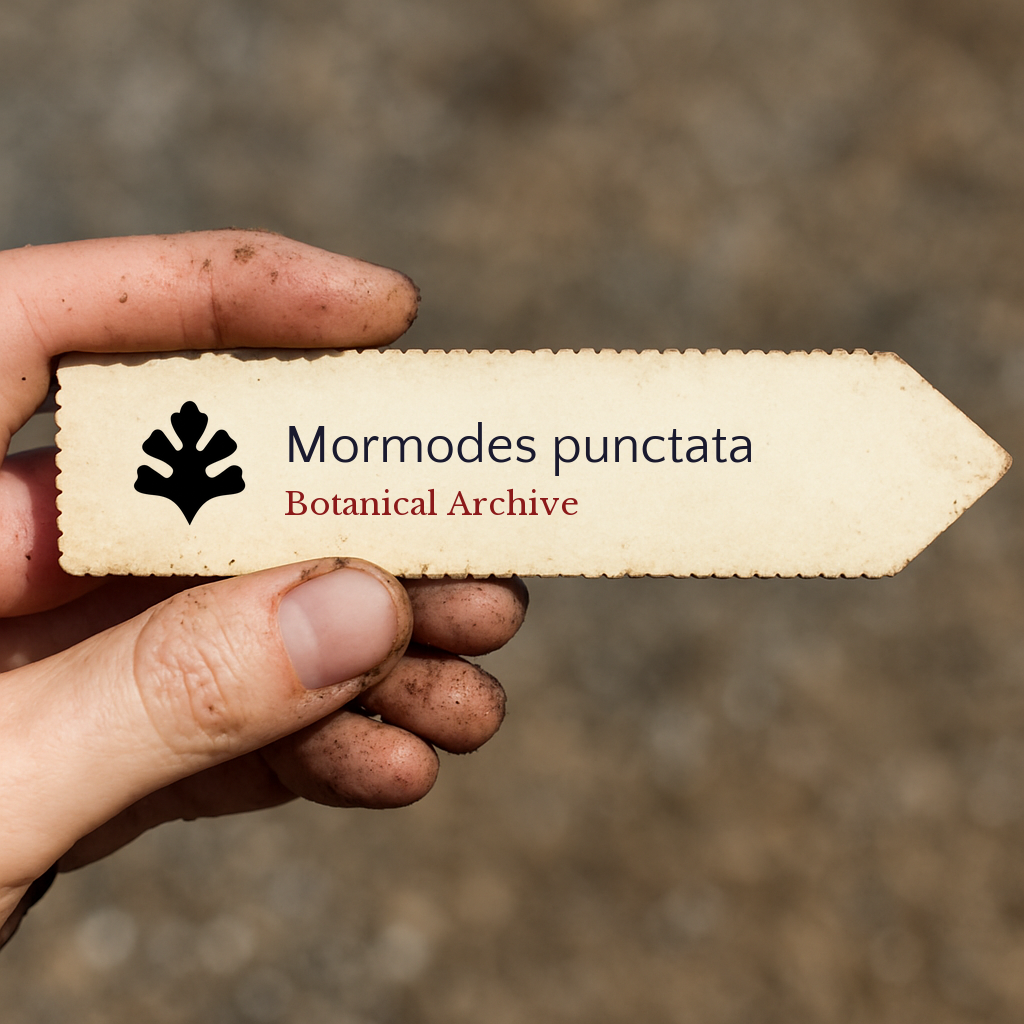 Etichetta per pianta stampata per Mormodes punctata tenuta da mano sporca all'aperto