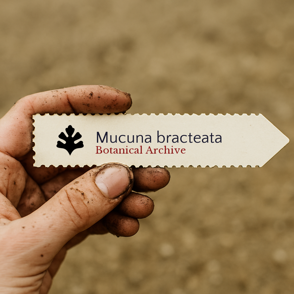 Printed plant label for Mucuna bracteata held by dirty hand with soil background