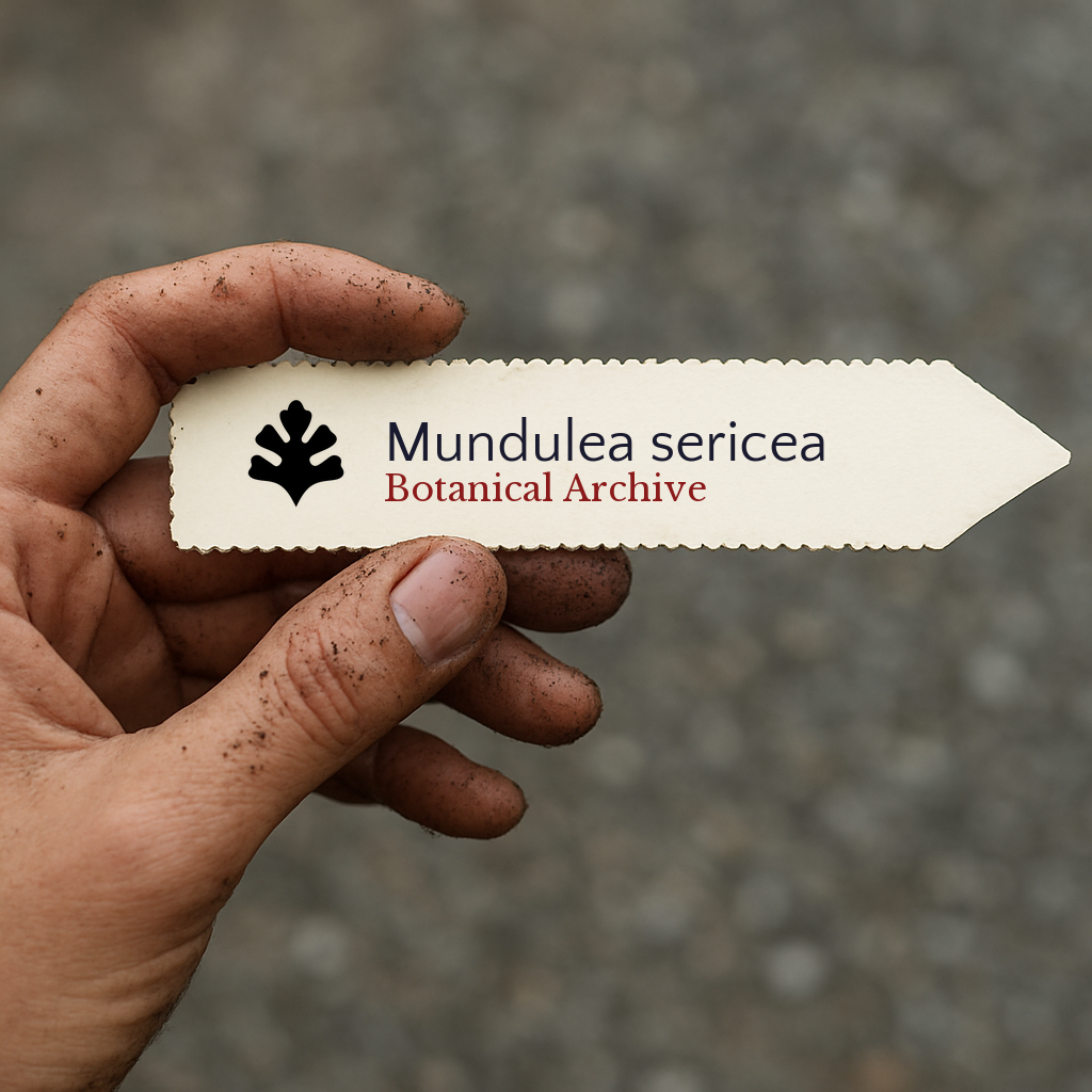 Printed plant label for Mundulea sericea held by dirty hand outdoors