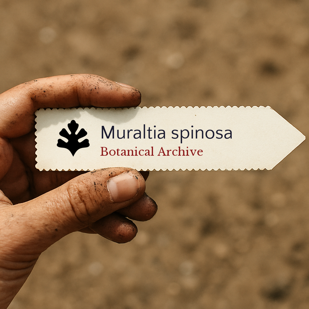 Printed plant label for Muraltia spinosa held by dirty hand against soil background