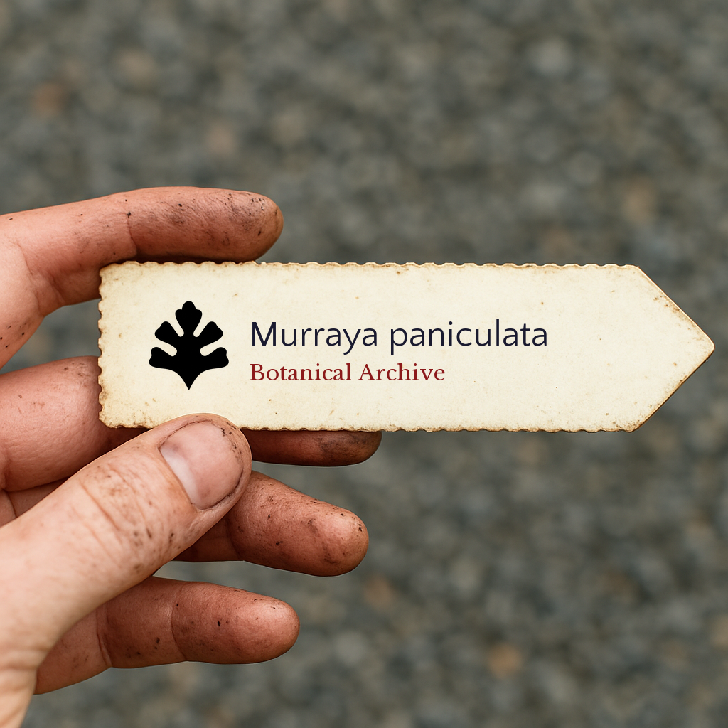 Printed plant label for Murraya paniculata held by dirty hand outdoors
