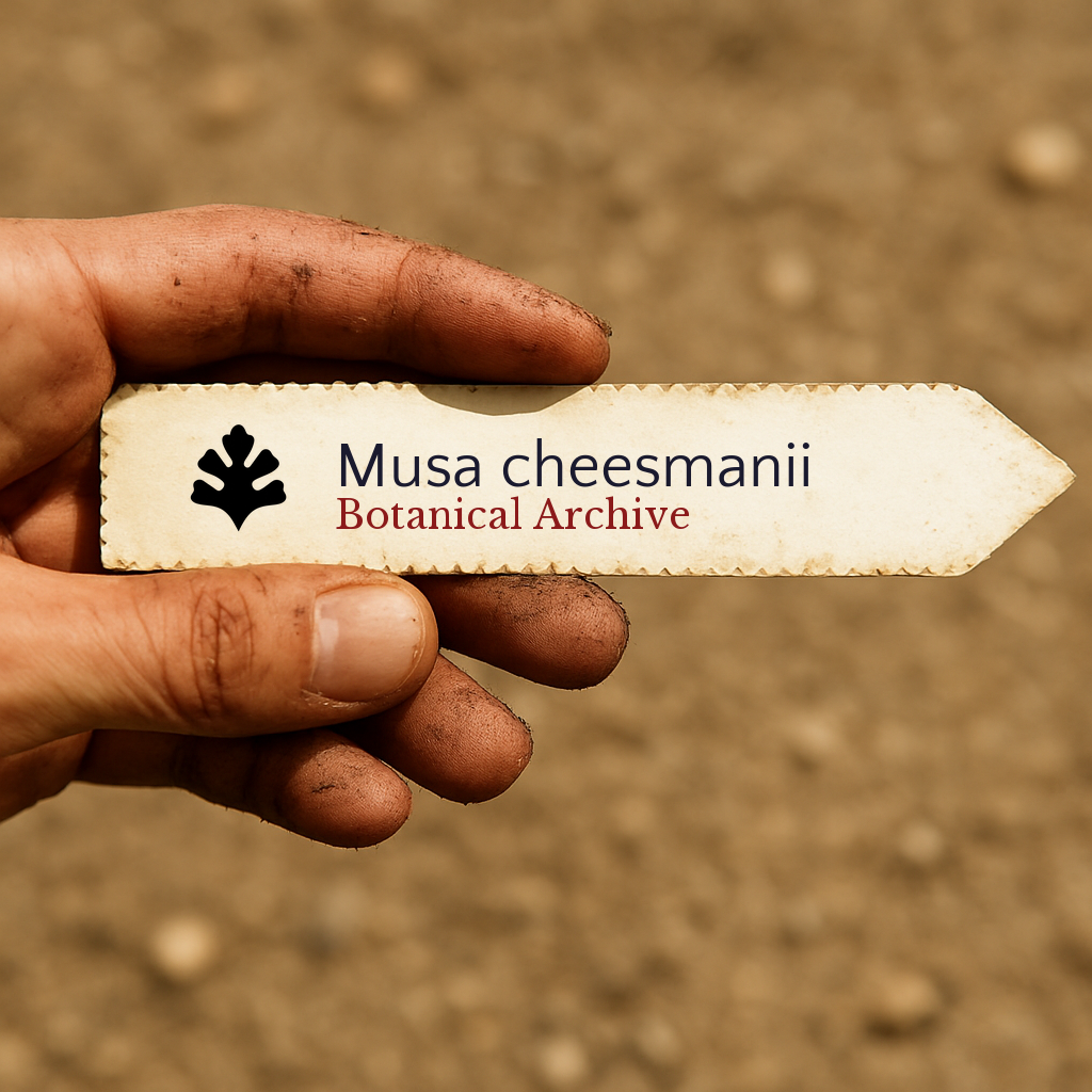 Etichetta per pianta stampata di Musa cheesmanii tenuta da una mano sporca contro uno sfondo di terreno