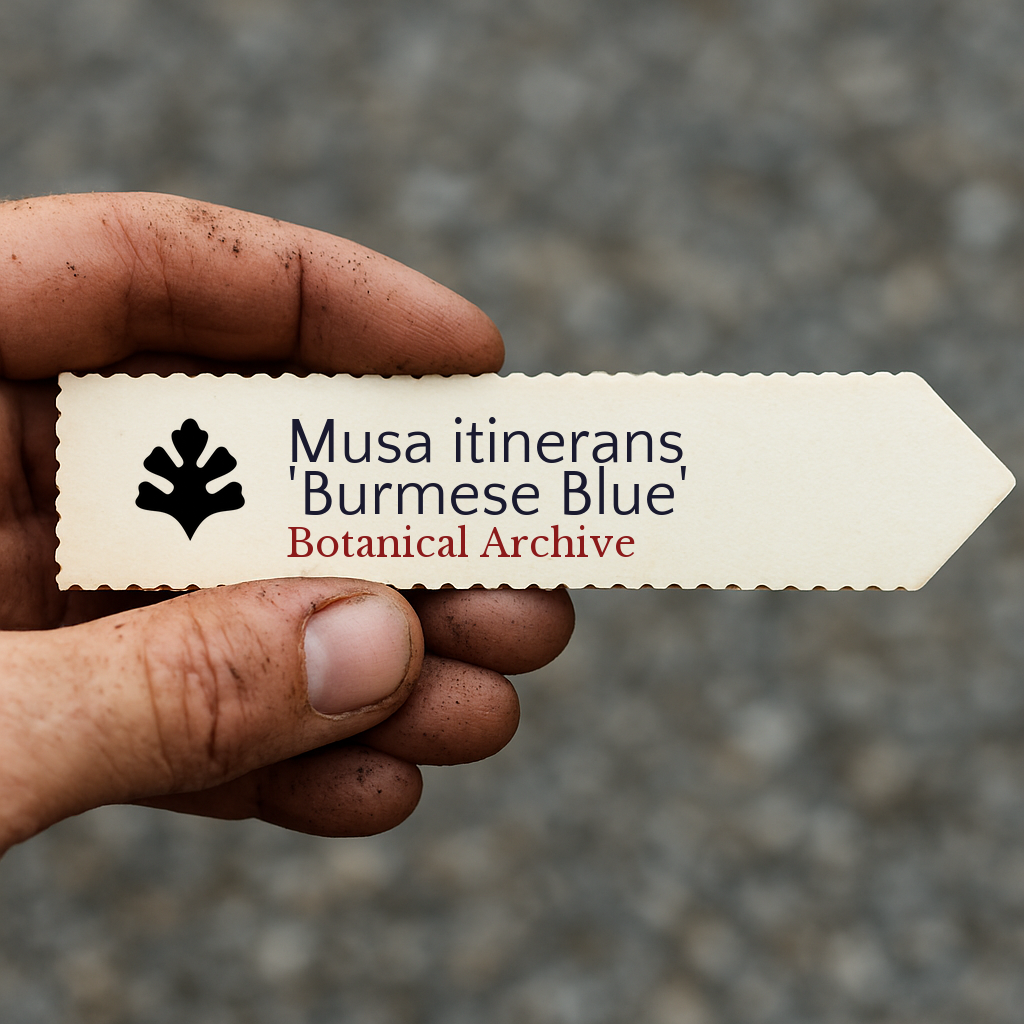 Printed plant label for Musa itinerans 'Burmese Blue' held in gardener's hand