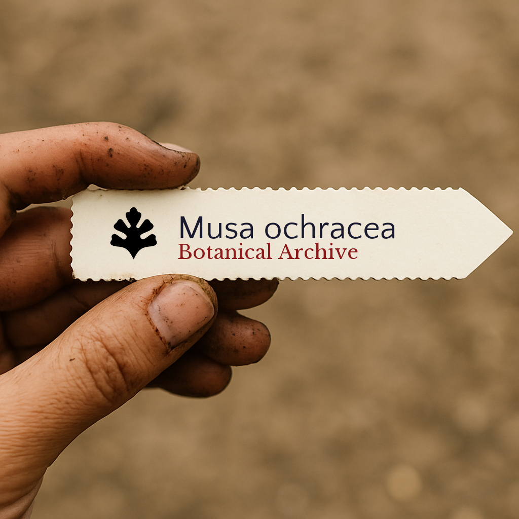 Printed plant label for Musa ochracea held by dirty hand with blurred soil background