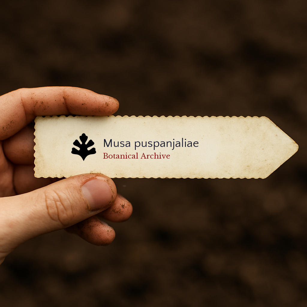 Printed plant label for Musa puspanjaliae held by hand with soil background