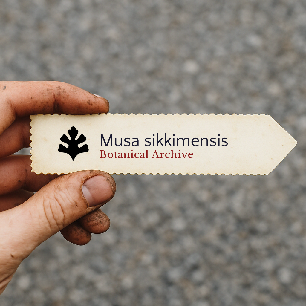 Etichetta per pianta stampata per Musa sikkimensis tenuta a mano con terra sulle dita