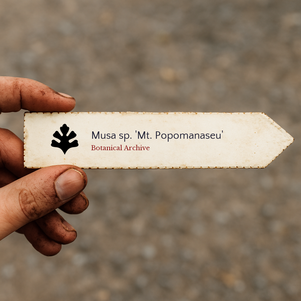 Printed plant label for Musa sp. 'Mt. Popomanaseu' held by hand with dirt background