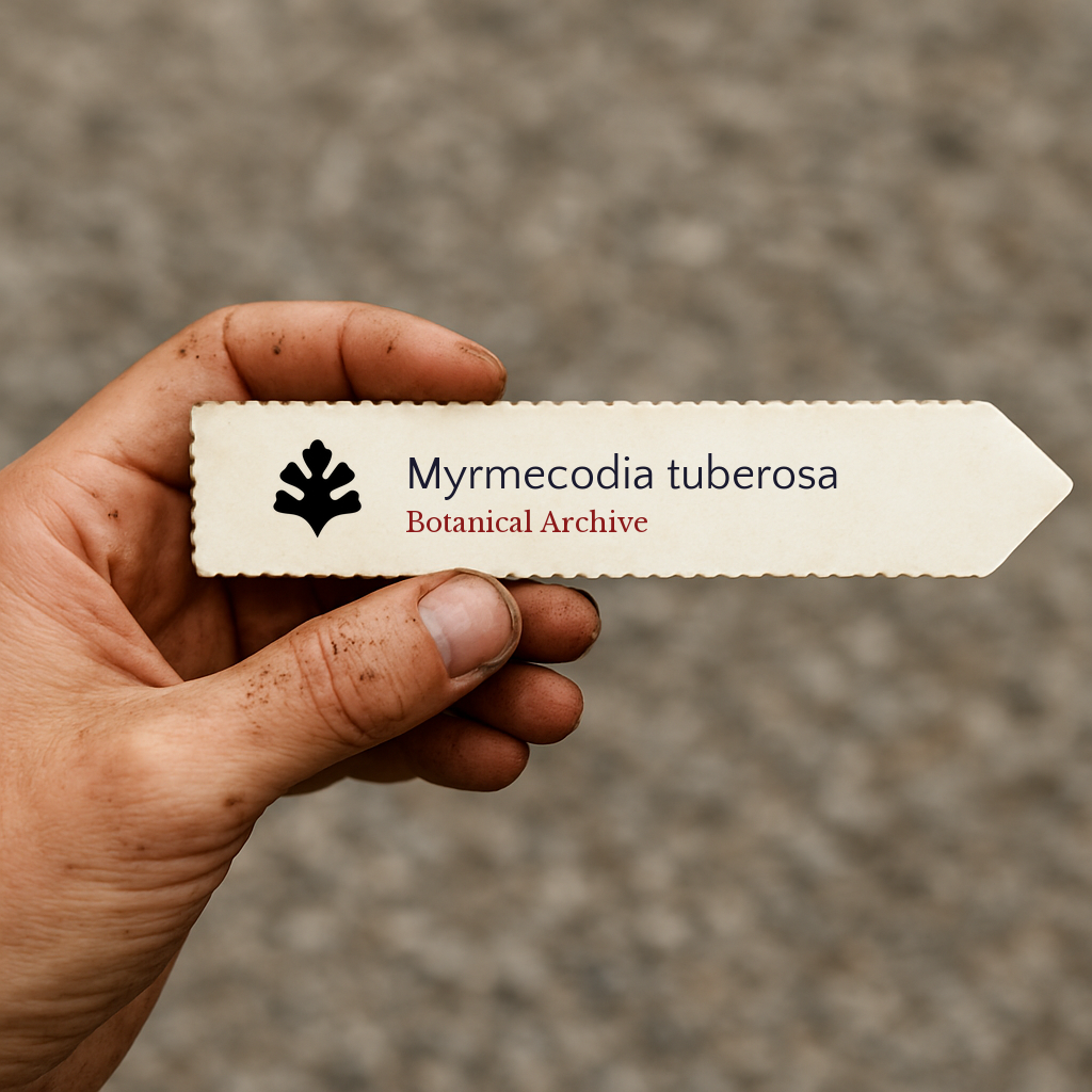 Etichetta plantare stampata per Myrmecodia tuberosa tenuta a mano con sfondo di terra