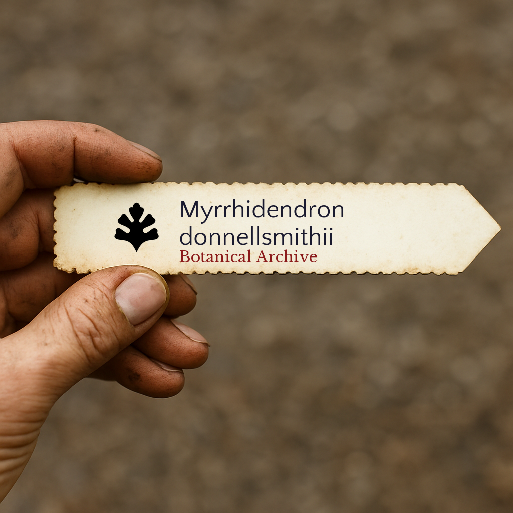 Printed plant label for Myrrhidendron donnellsmithii held by hand with soil background