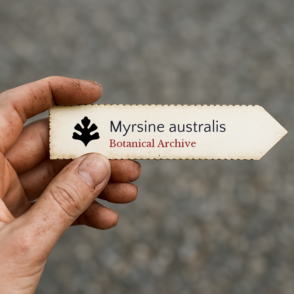 Printed botanical archive label for Myrsine australis held by dirty hand outdoors