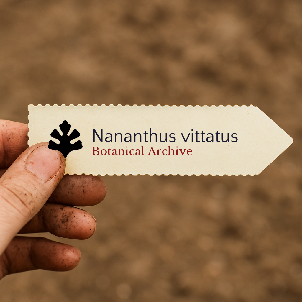Printed plant label for Nananthus vittatus held by a dirty hand against soil background