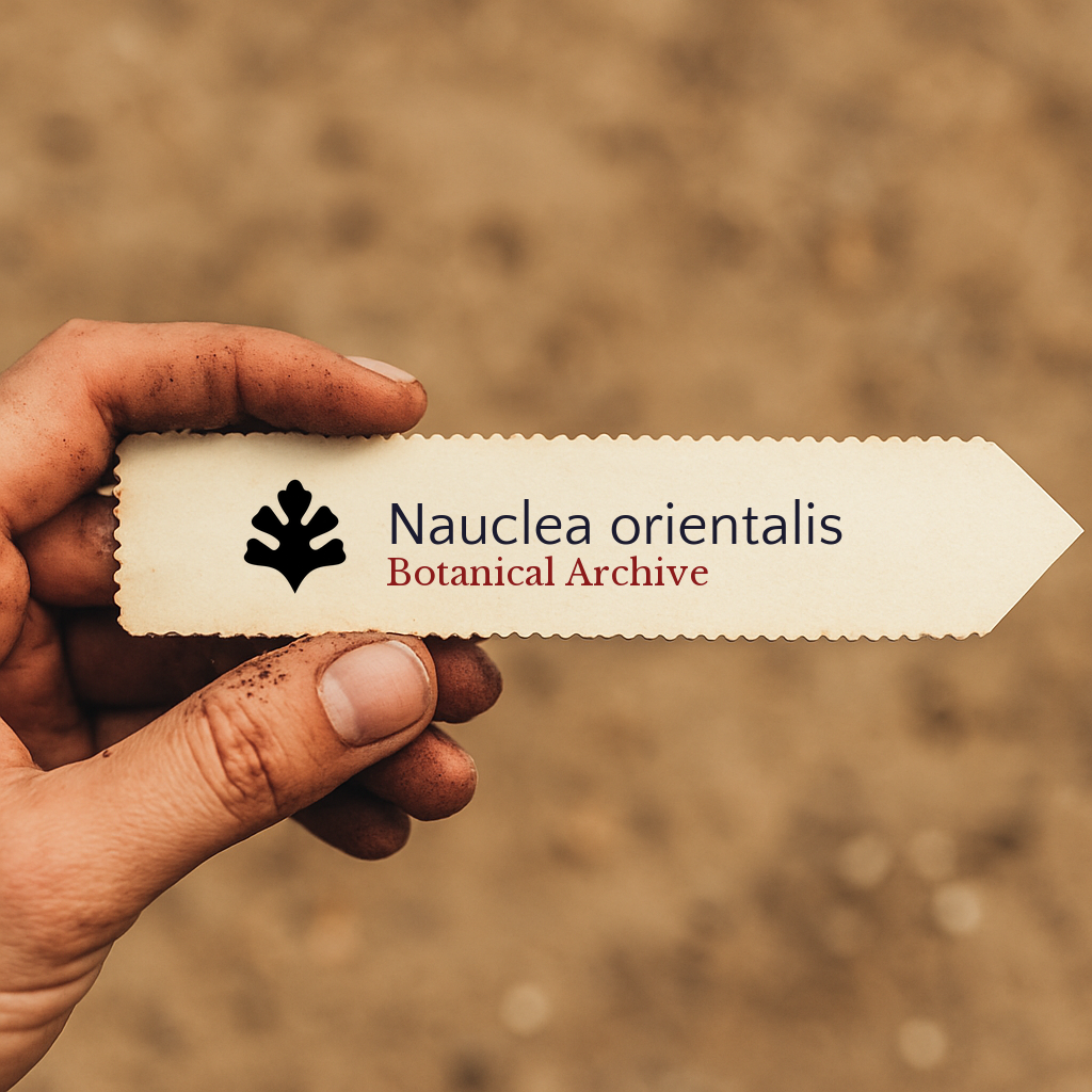 Etichetta per pianta stampata per Nauclea orientalis con logo Botanical Archive tenuta a mano