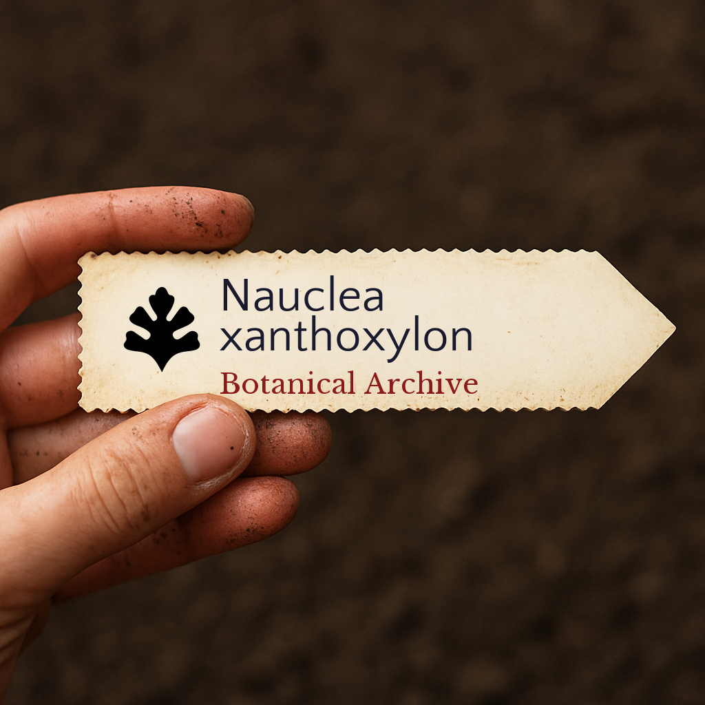 Etichetta per pianta stampata per Nauclea xanthoxylon tenuta a mano con sfondo di terreno