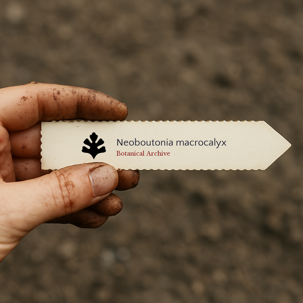 Printed plant label for Neoboutonia macrocalyx held by dirty hand over soil background
