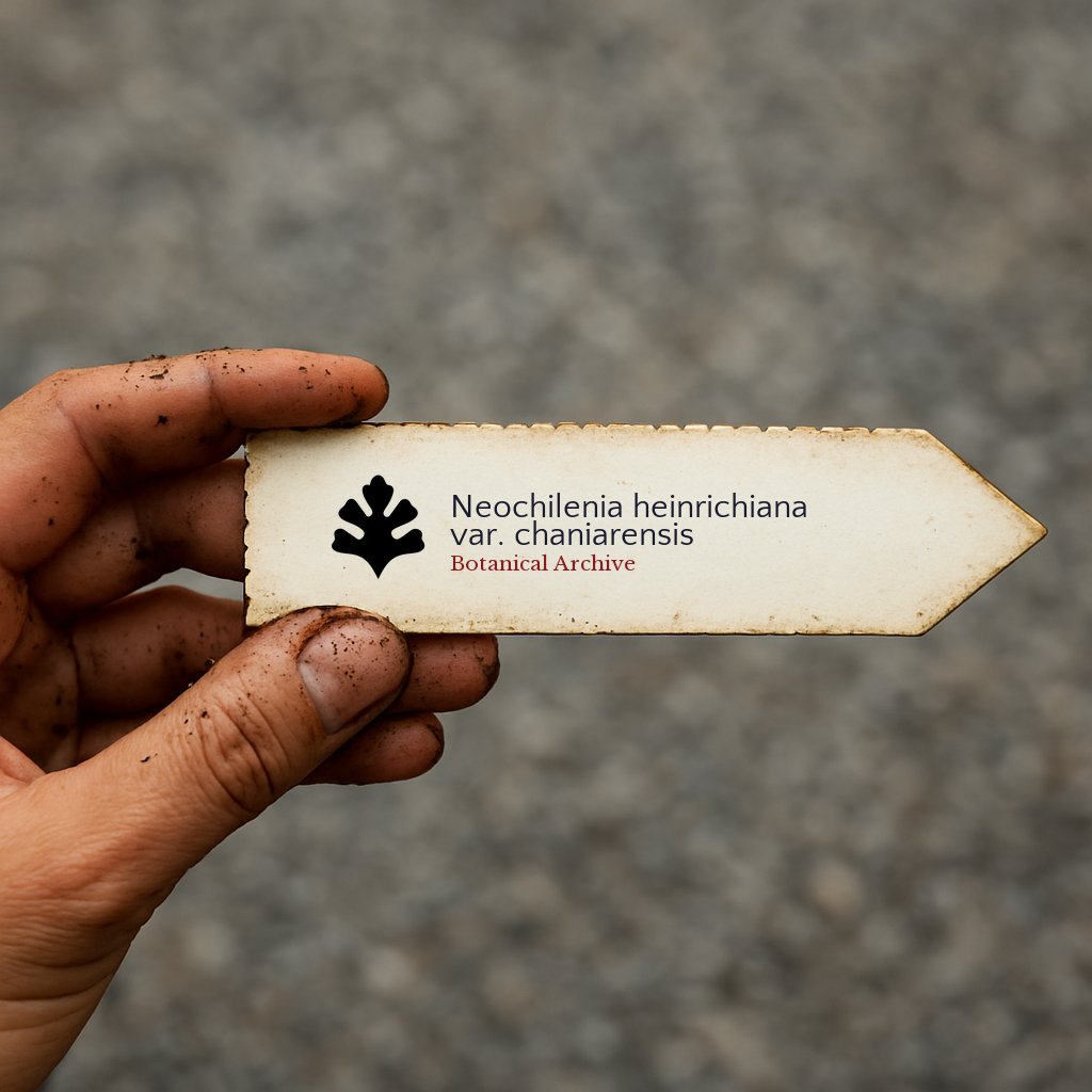 Printed plant label for Neochilenia heinrichiana var. chaniarensis held by hand with soil dirt
