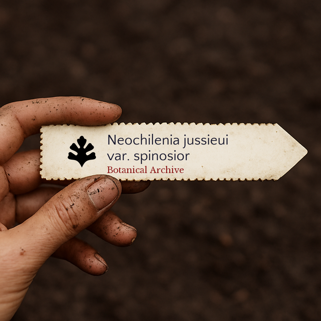 Printed plant label for Neochilenia jussieui var. spinosior held by dirty hand over soil background