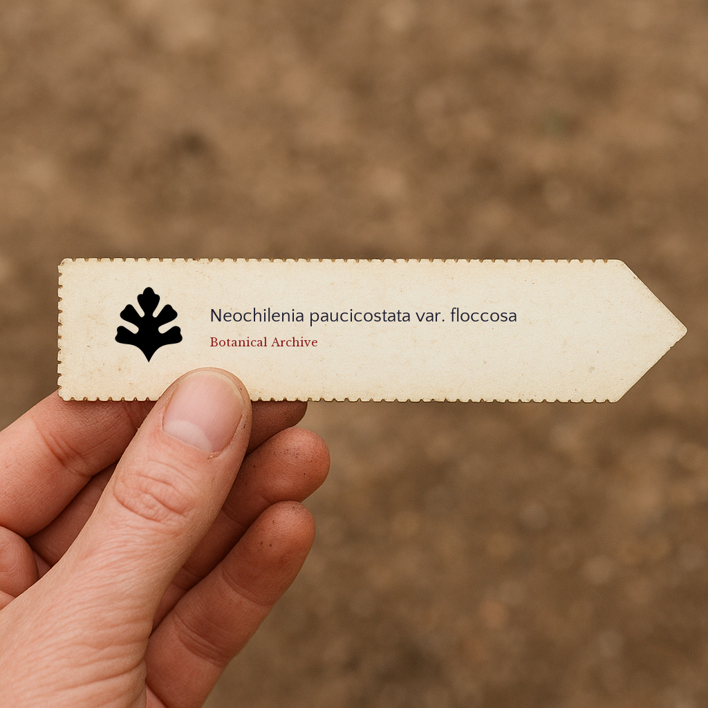 Printed plant label for Neochilenia paucicostata var. floccosa held by hand over soil background