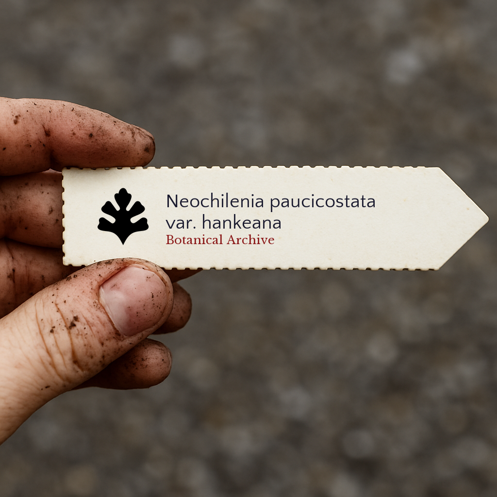 Printed plant label for Neochilenia paucicostata var. hankeana held by dirty hand