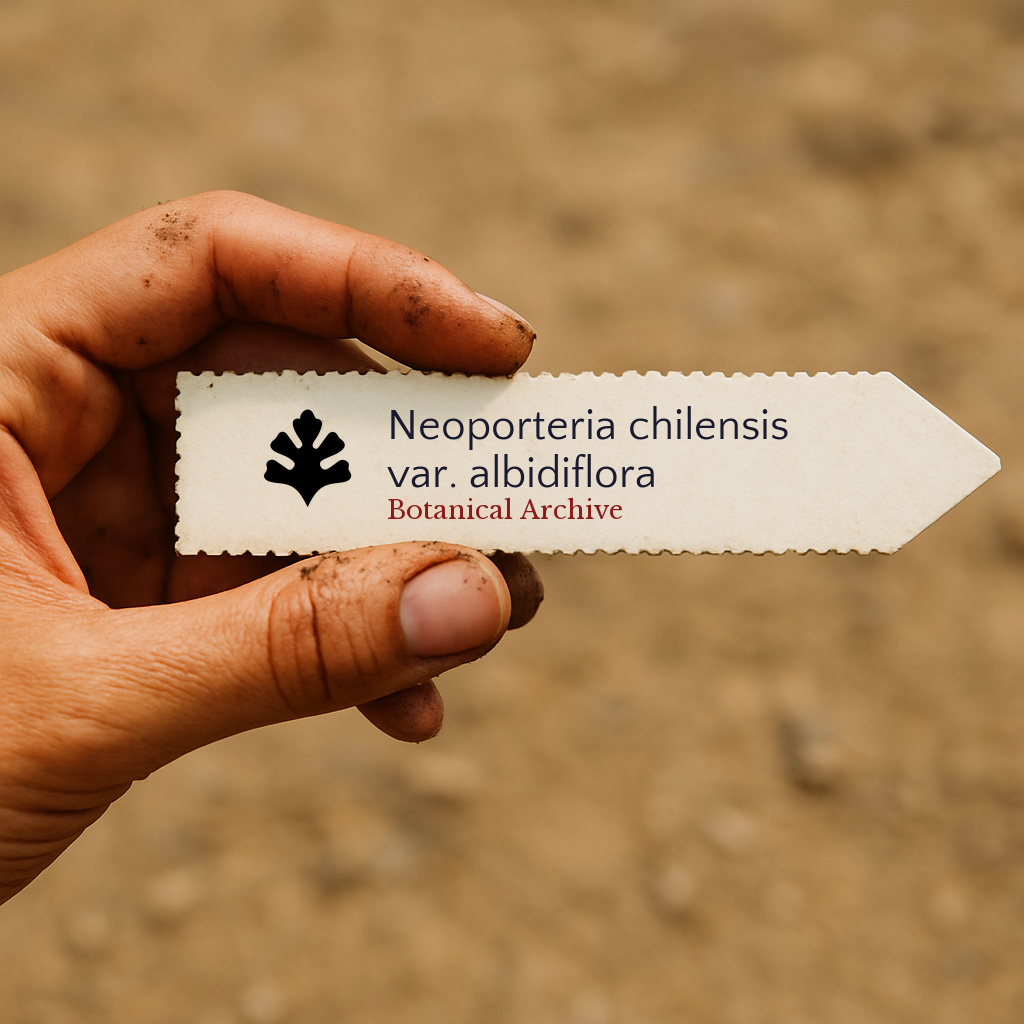 Printed plant label for Neoporteria chilensis var. albidiflora held by dirty hand outdoors
