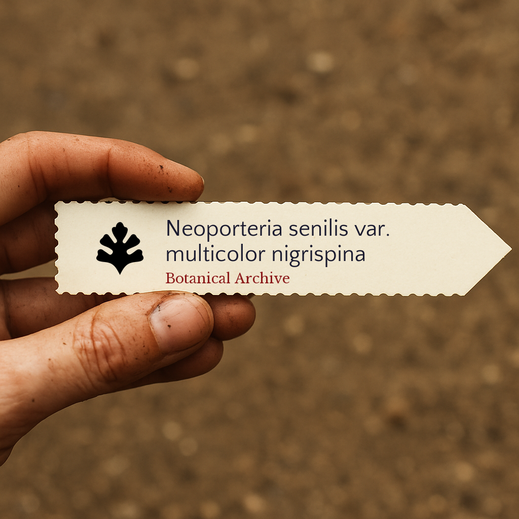Printed plant label for Neoporteria senilis var. multicolor nigrispina held by hand with soil background