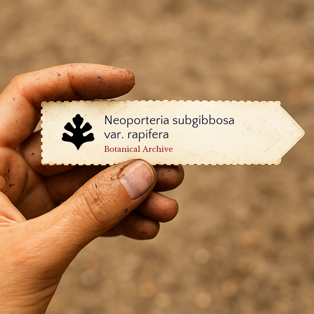 Printed plant label for Neoporteria subgibbosa var. rapifera held by dirty hand outdoors