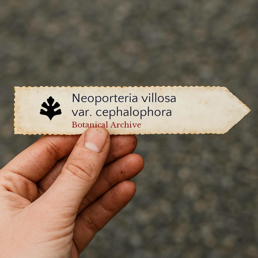 Printed plant label for Neoporteria villosa var. cephalophora held by hand with dirt background