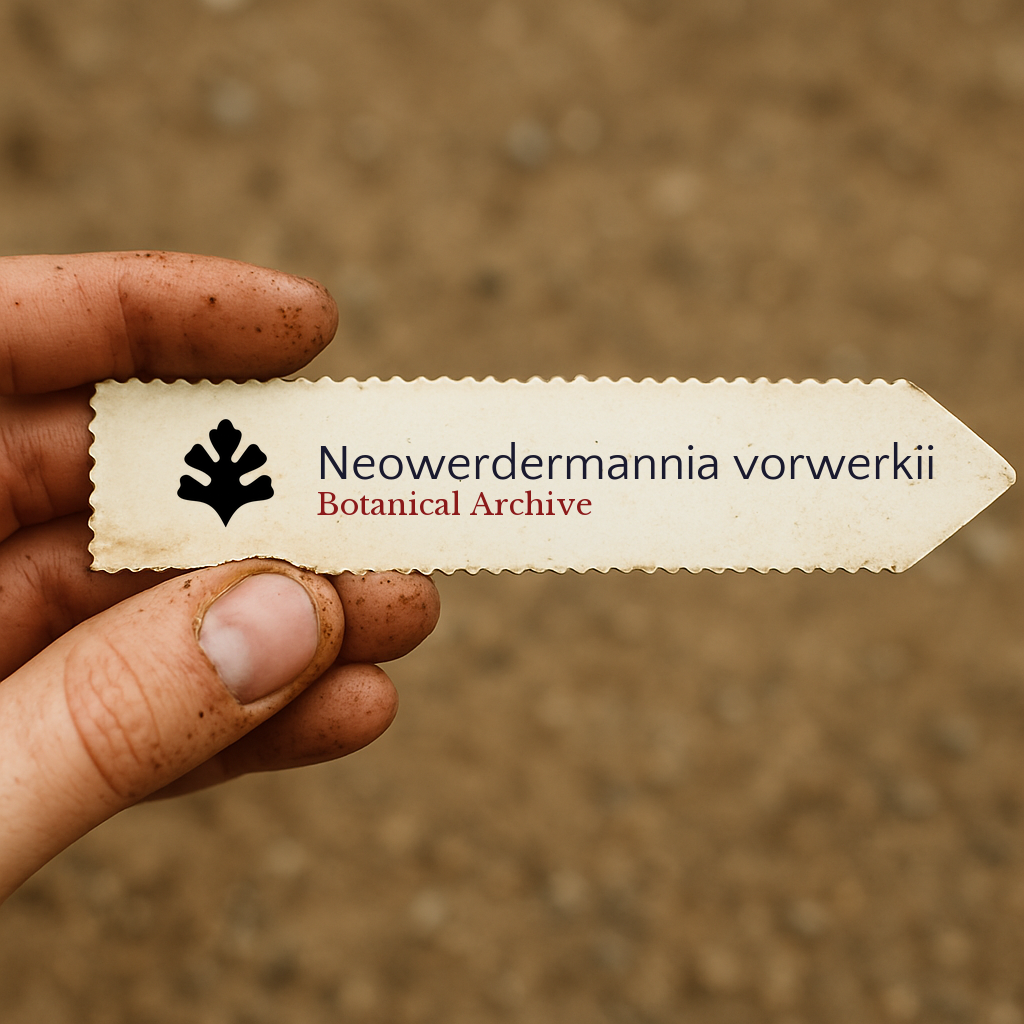 Printed plant label for Neowerdermannia vorwerkii held by hand with soil background