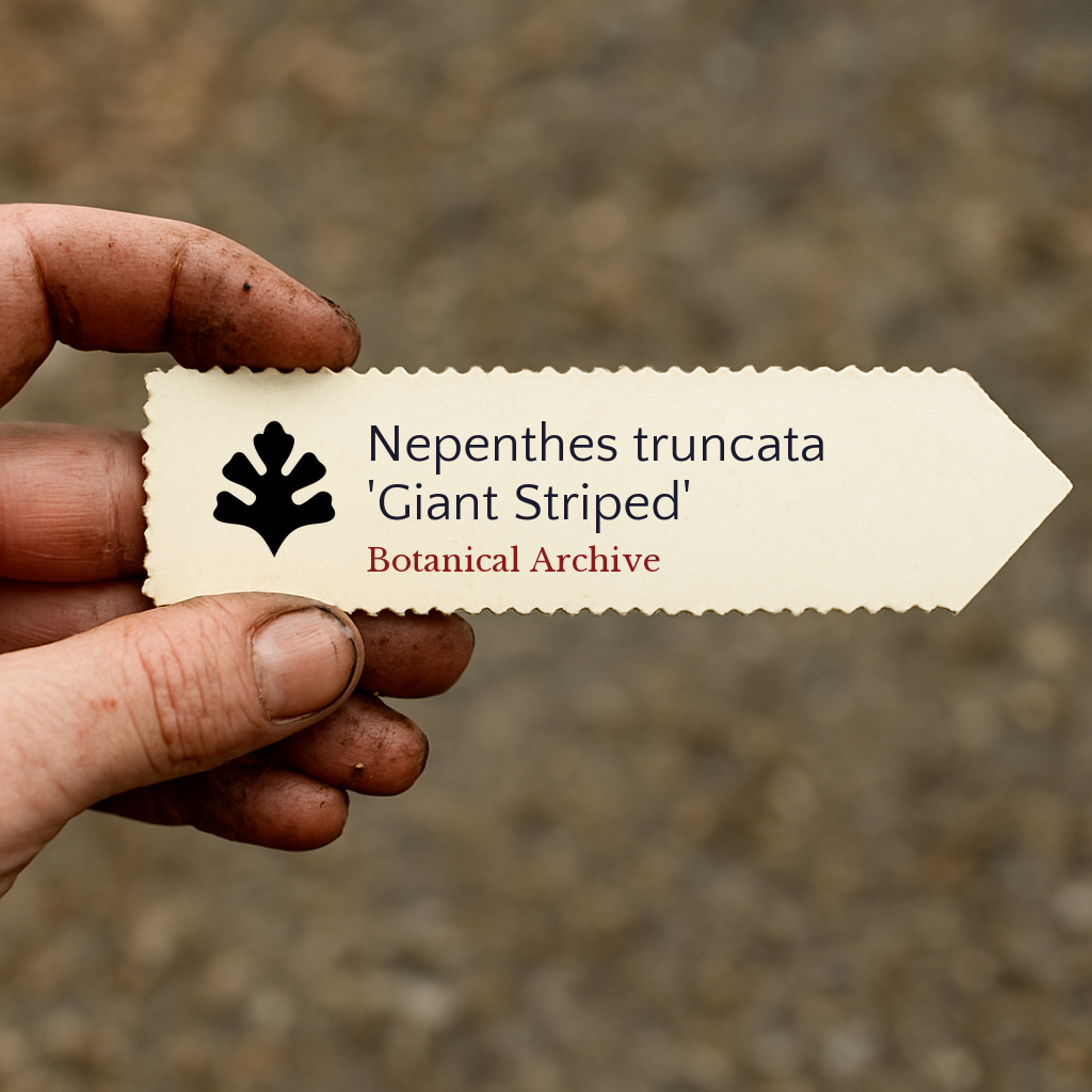 Printed plant label for Nepenthes truncata 'Giant Striped' held by dirty hand outdoors