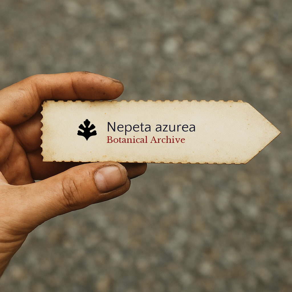 Printed plant label for Nepeta azurea Botanical Archive held by hand