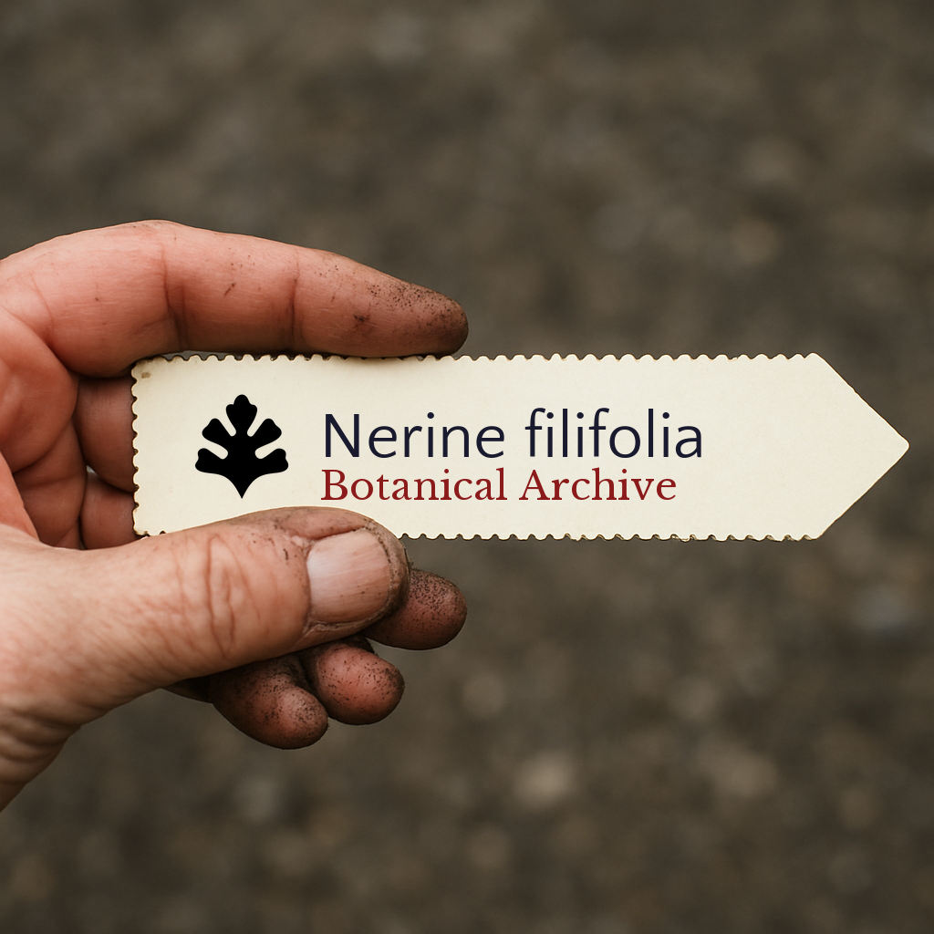 Printed plant label for Nerine filifolia held by dirty hand outdoors