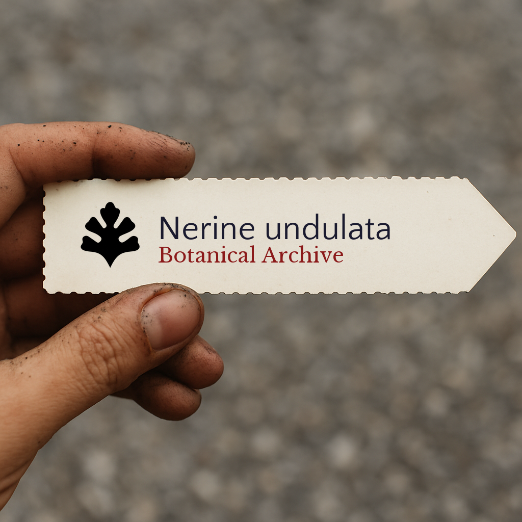 Printed plant label for Nerine undulata held by dirty hand on blurred background