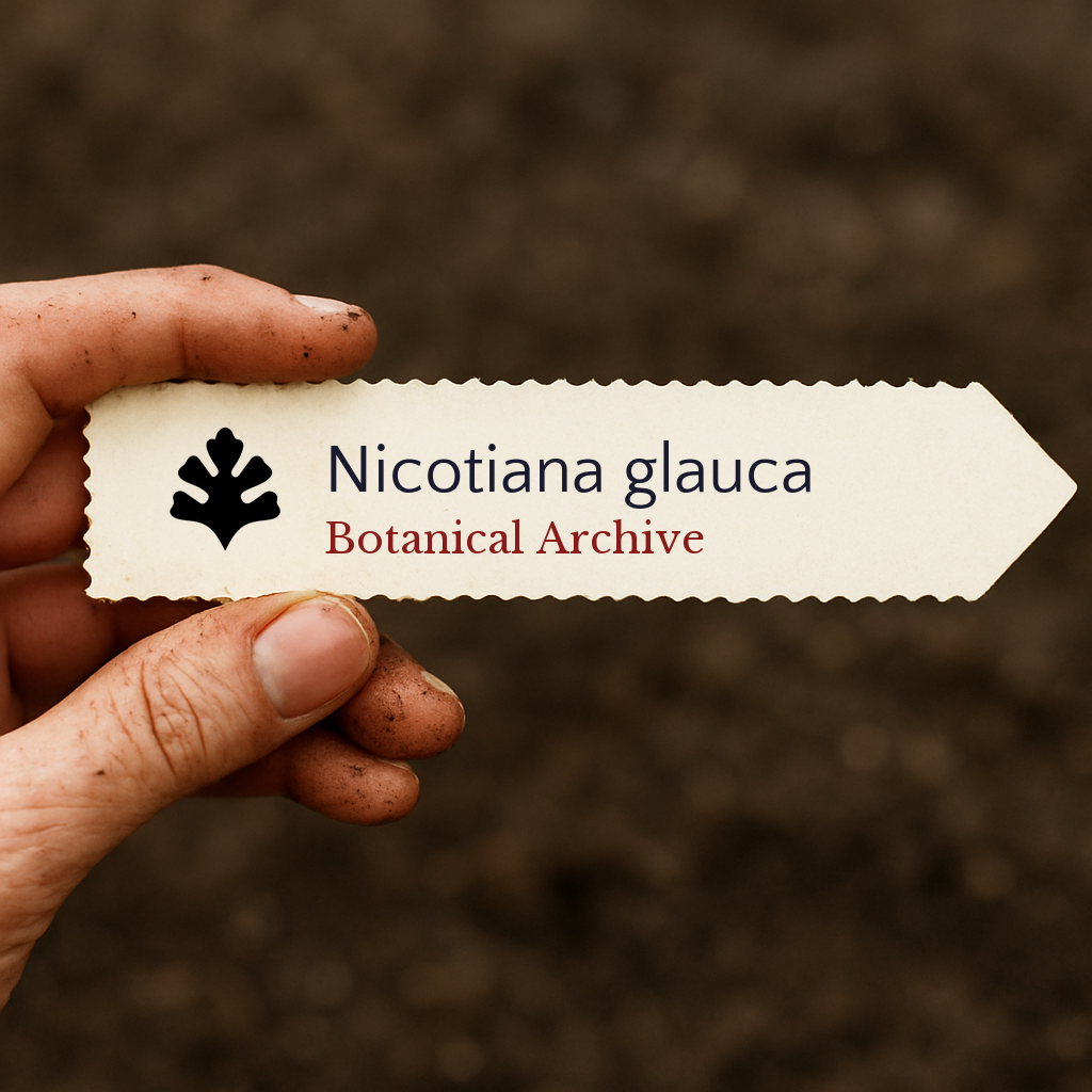 Printed plant label for Nicotiana glauca held by dirty hand over soil background